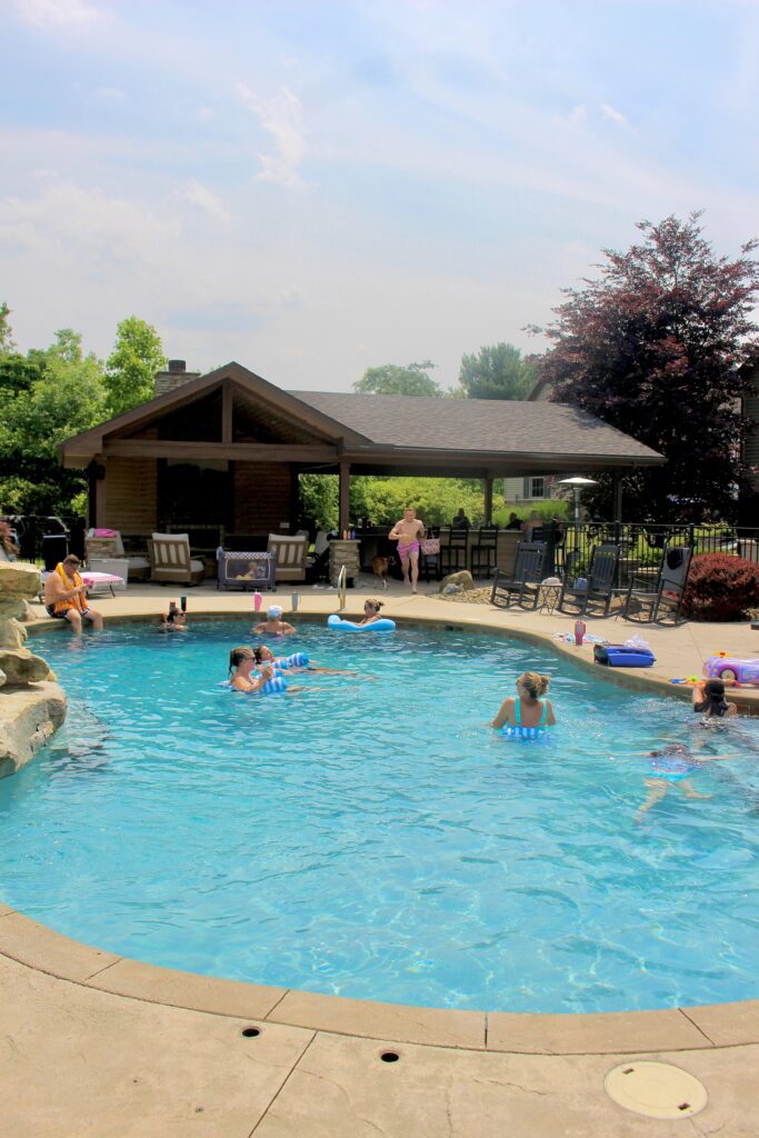 Pool party with the new pavilion in the background