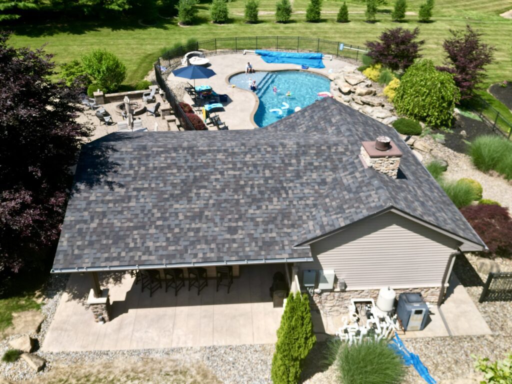 Aerial view of the pavilion roof tied into the pool house