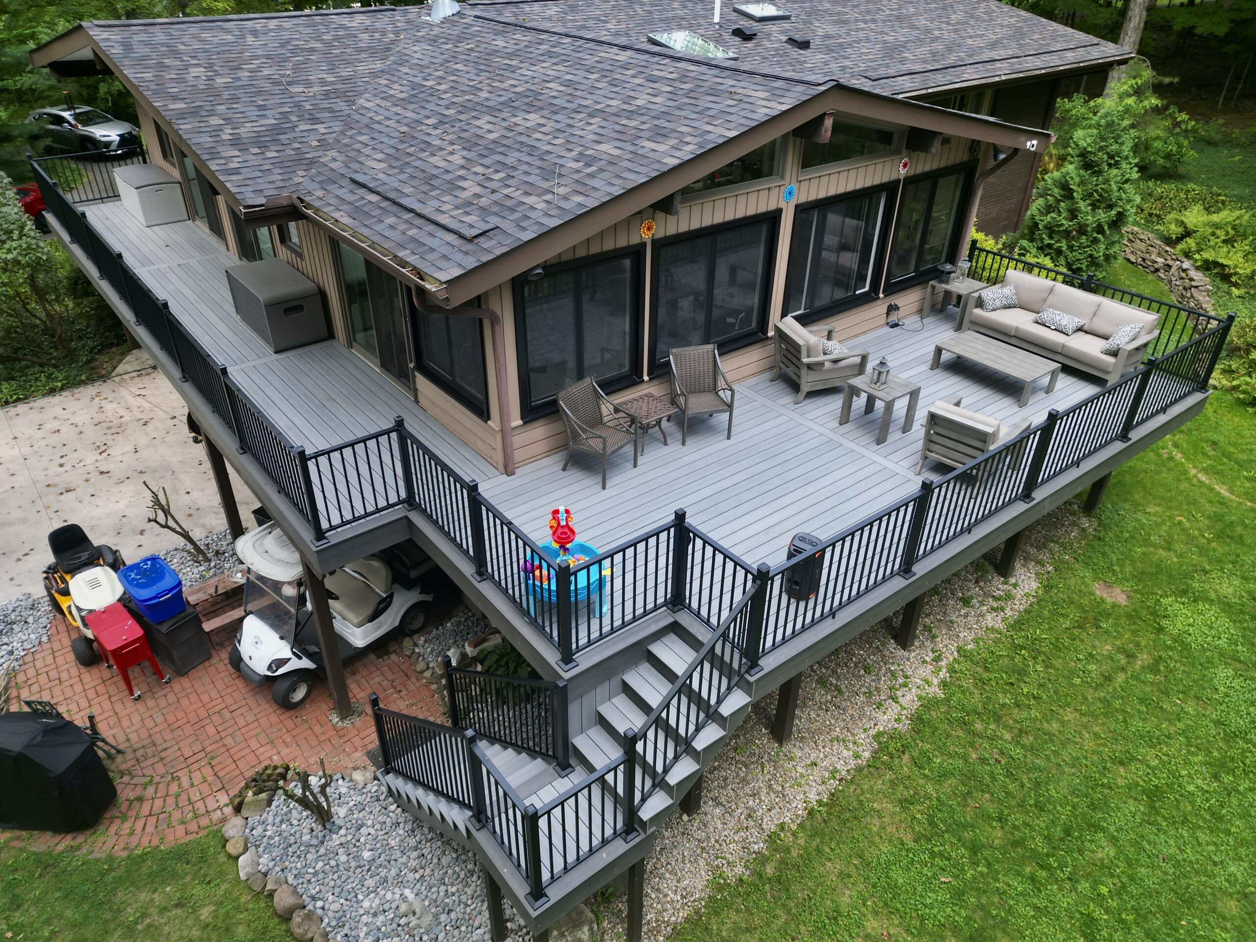 Evening drone shot finished outdoor living space