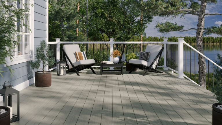 Deckorators decking and railing on a finished backyard deck