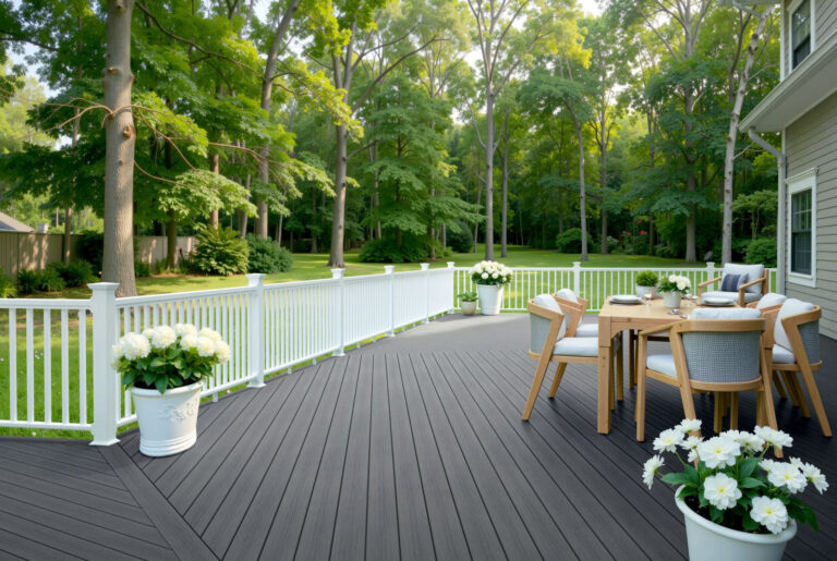 deckorators vista driftwood deck in wooded backyard DreamDecks designs and builds architectural-grade outdoor living spaces across Northeast Ohio. From modern decks to full backyard sanctuaries, each project reflects craftsmanship, precision, and timeless luxury. Call 330-907-3040 or visit buildyourDreamDeck.com DreamDecks | Premier Deck Builder & Outdoor Architecture