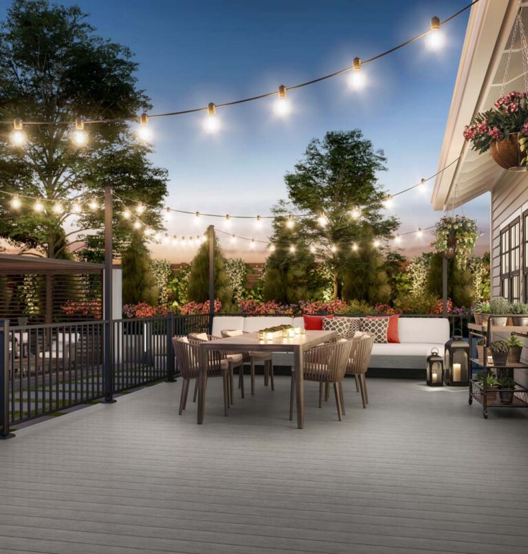 deckorators vista silverwood deck with bistro lights DreamDecks designs and builds architectural-grade outdoor living spaces across Northeast Ohio. From modern decks to full backyard sanctuaries, each project reflects craftsmanship, precision, and timeless luxury. Call 330-907-3040 or visit buildyourDreamDeck.com DreamDecks | Premier Deck Builder & Outdoor Architecture