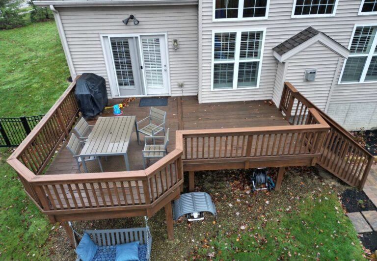 3D deck design rendering and the finished deck built by DreamDecks in Northeast Ohio
