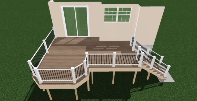 3D deck design rendering and the finished deck built by DreamDecks in Northeast Ohio