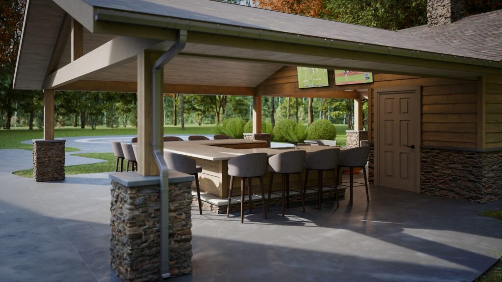 3D deck design rendering and the finished deck built by DreamDecks in Northeast Ohio