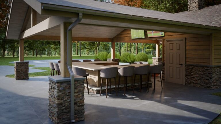 3D deck design rendering and the finished deck built by DreamDecks in Northeast Ohio