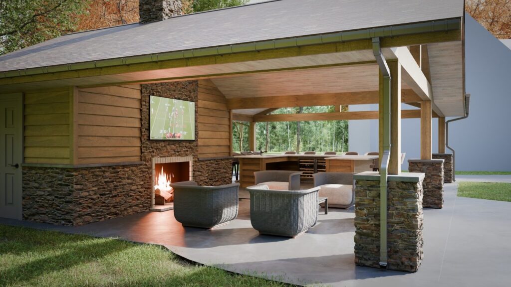 3D deck design rendering and the finished deck built by DreamDecks in Northeast Ohio