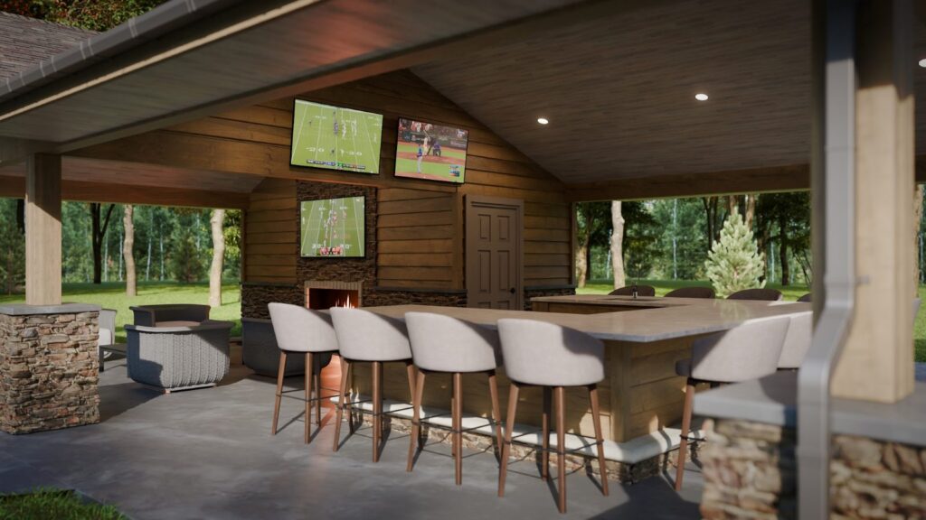3D deck design rendering and the finished deck built by DreamDecks in Northeast Ohio