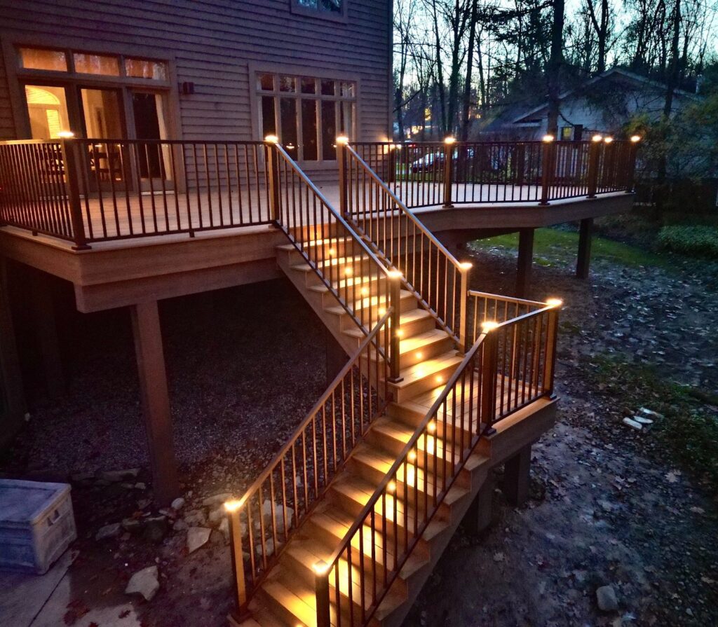Multi level composite deck with wide stairs built by DreamDecks in Northeast Ohio