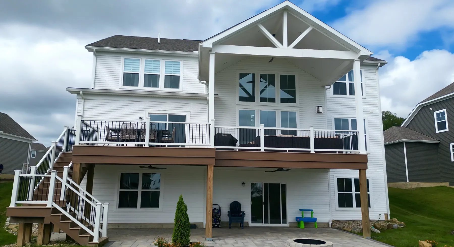 Two story Trex deck with a cathedral roof and a dry space below