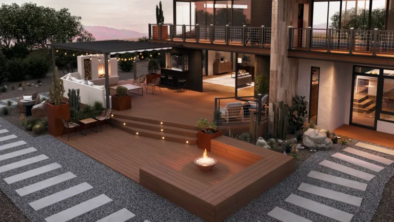 trex trex signature ocracoke deck with pergola at dusk DreamDecks designs and builds architectural-grade outdoor living spaces across Northeast Ohio. From modern decks to full backyard sanctuaries, each project reflects craftsmanship, precision, and timeless luxury. Call 330-907-3040 or visit buildyourDreamDeck.com DreamDecks | Premier Deck Builder & Outdoor Architecture