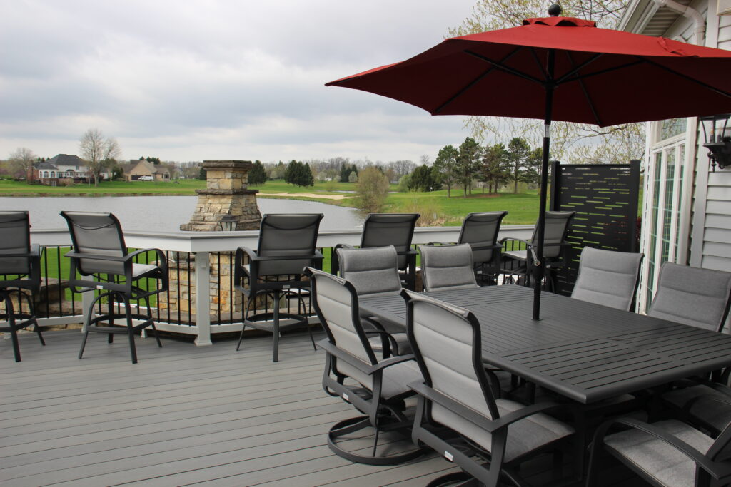 Bar height dining overlooking the pond