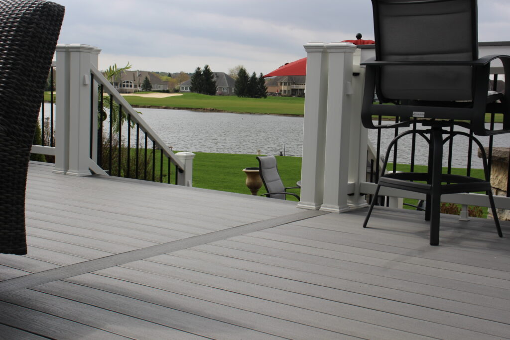 Pond view from a Deckorators Vista deck with a Driftwood border in Medina, Ohio