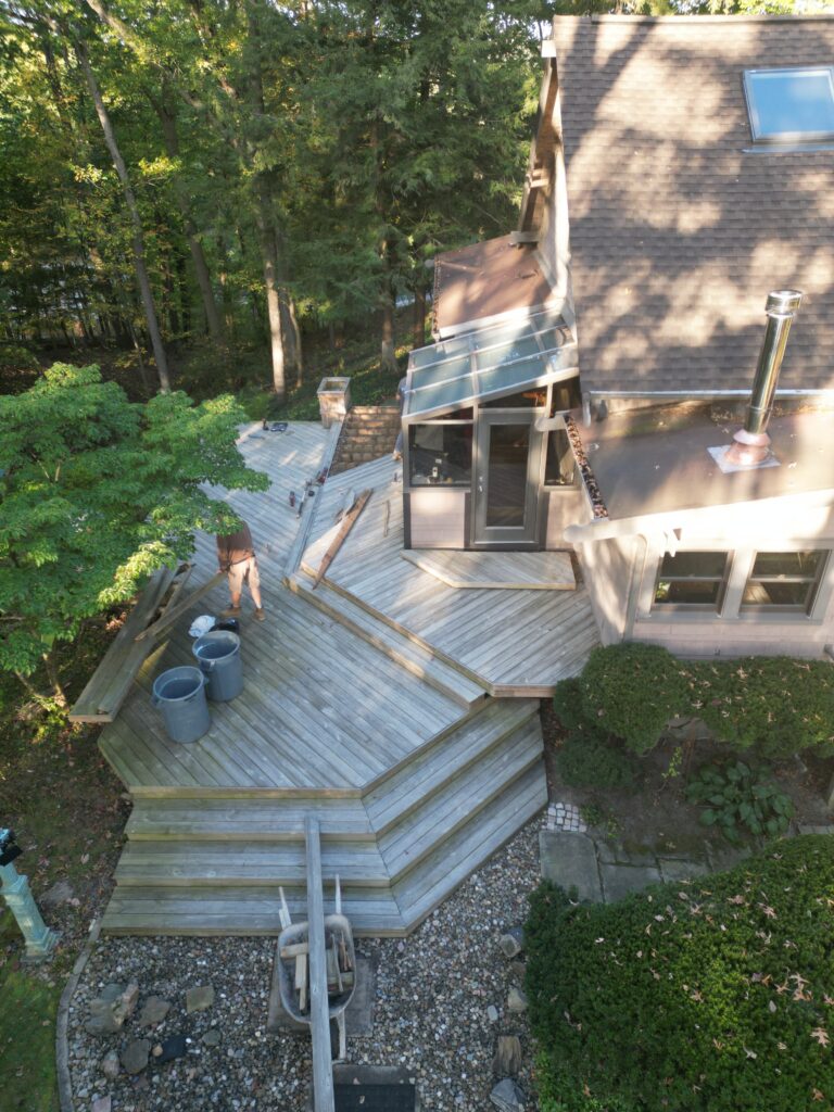 The old wood deck in Olmsted Falls from above before the resurface
