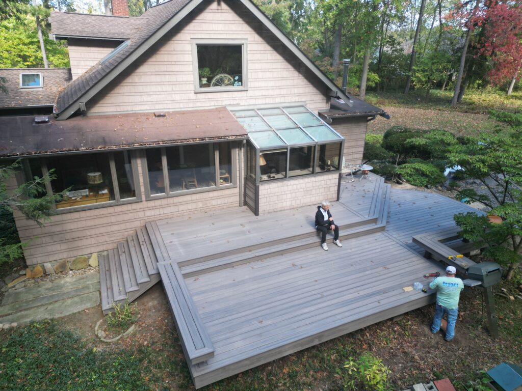 Aerial view of a finished Trex Enhance Rocky Harbor deck resurface in Olmsted Falls, Ohio