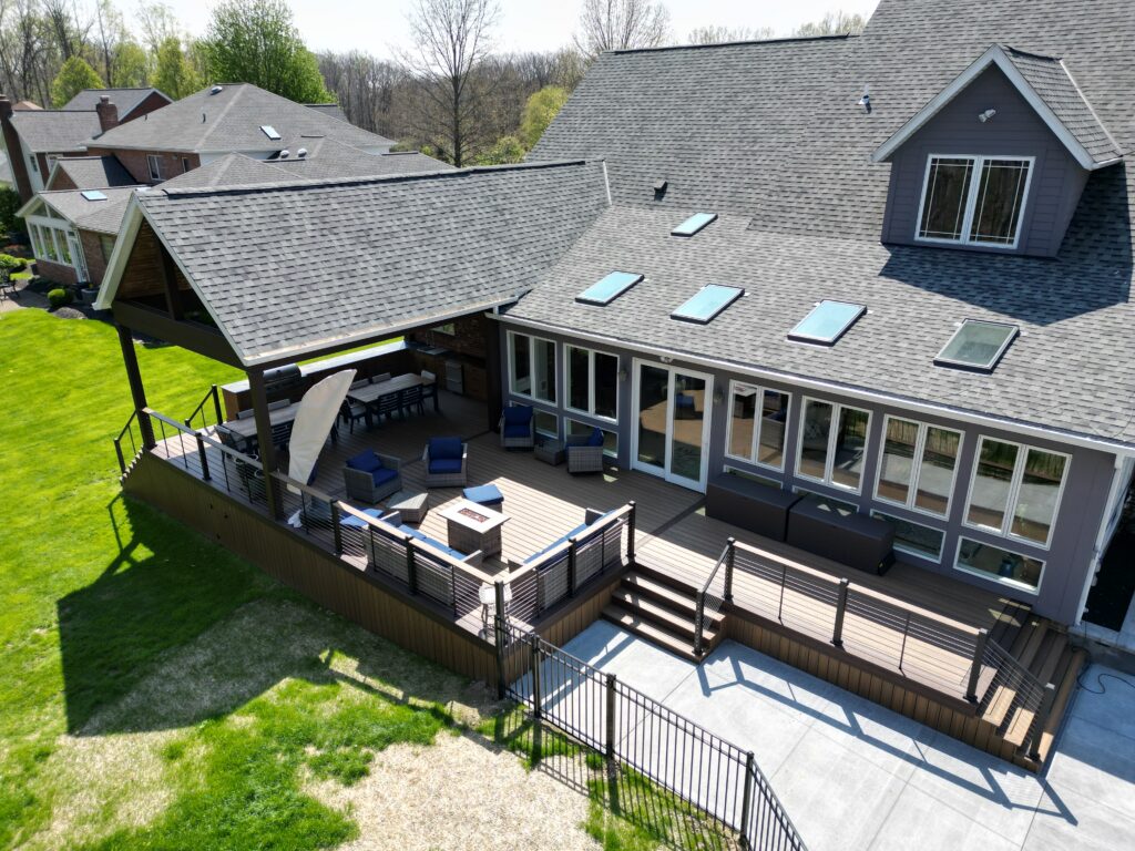 Finished Trex Lineage deck with a gable roof pavilion