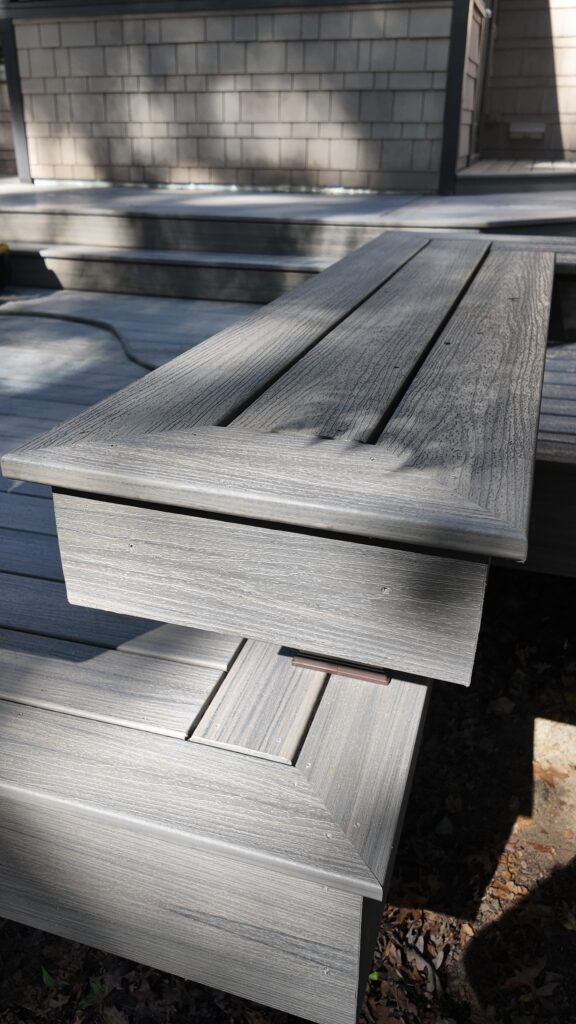 Mitered picture frame border on a Rocky Harbor bench in Olmsted Falls, Ohio