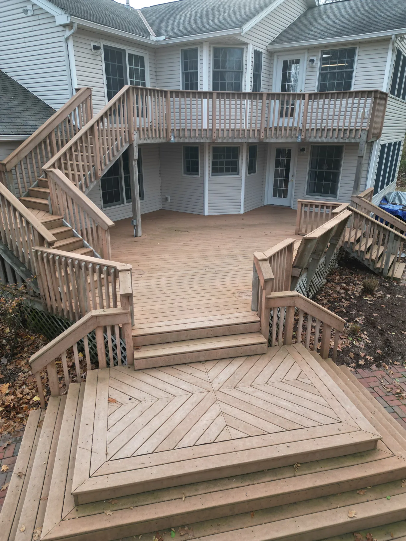 Overhead drone view of the original wood deck layout