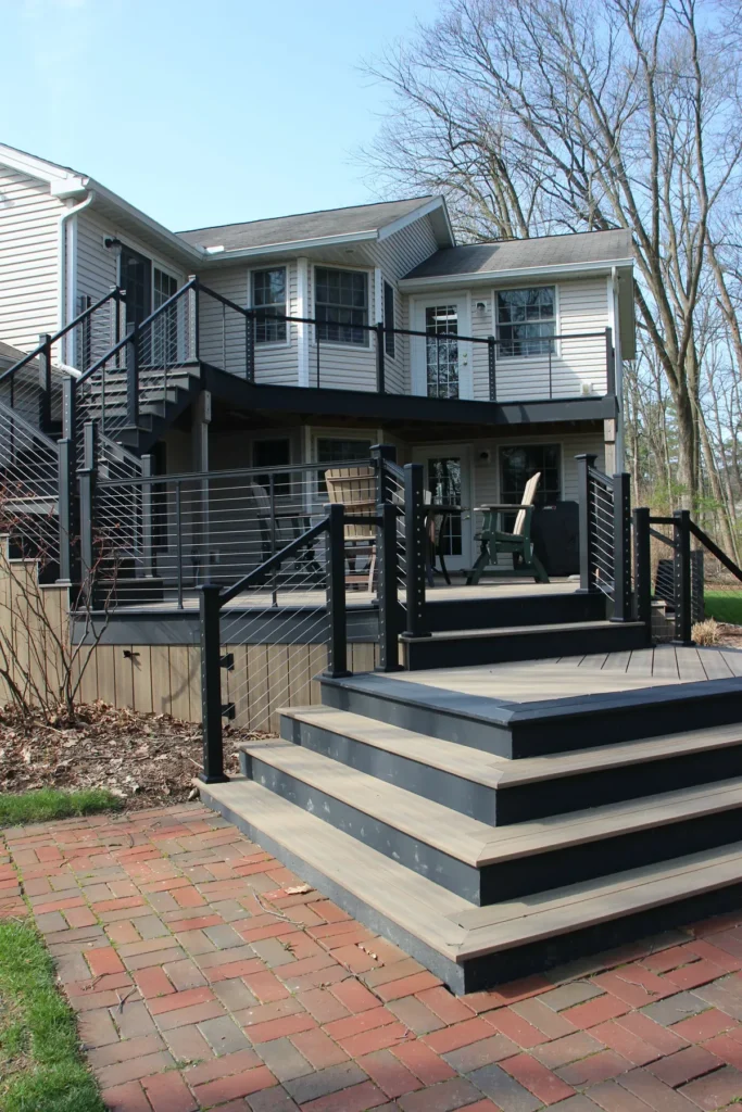 Medina, Ohio two level deck resurface in Deckorators Voyage Costa with KeyLink cable railing by DreamDecks